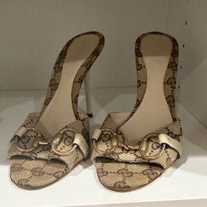 Gucci Beige Patterned Open-Toe Heels with Gold-Tone Buckle